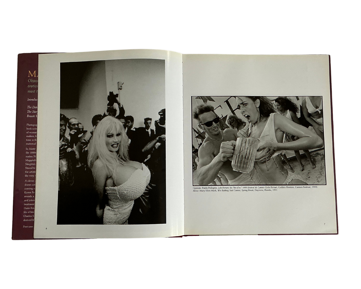 An open book or photo album spread on a white background, showing two printed photographs: a black-and-white cover photo on the left and a smaller black-and-white photo on the right, with a dark maroon spine band on the left page.